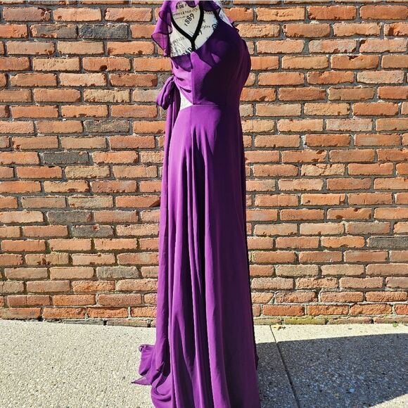 Azazie Ruffle Sleeve Burgandy Chiffon Floor Length Dress - Picture 7 of 16